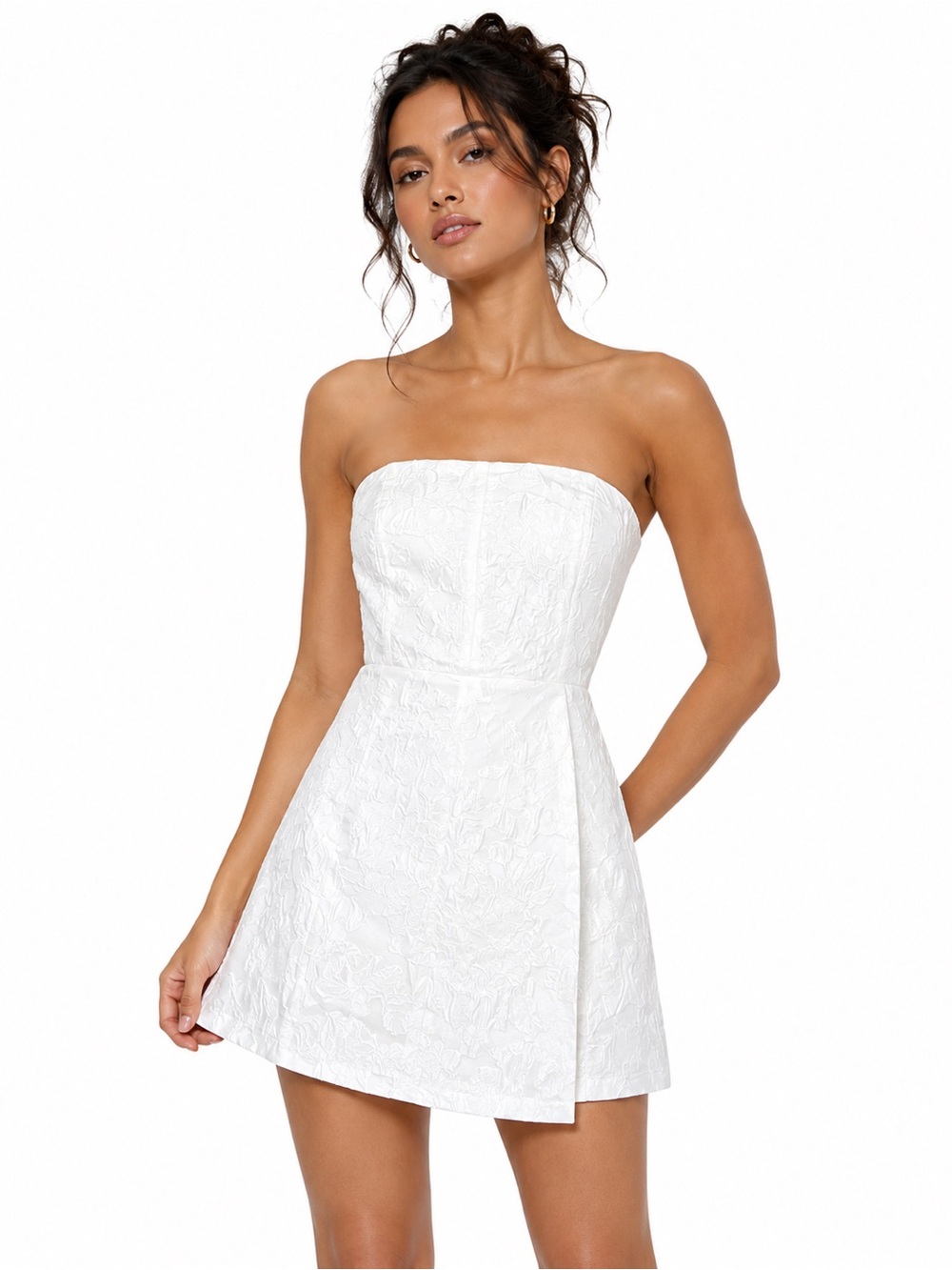 White Floral Lace Jacquard Overlay Romper Mini Dress Look XS/S